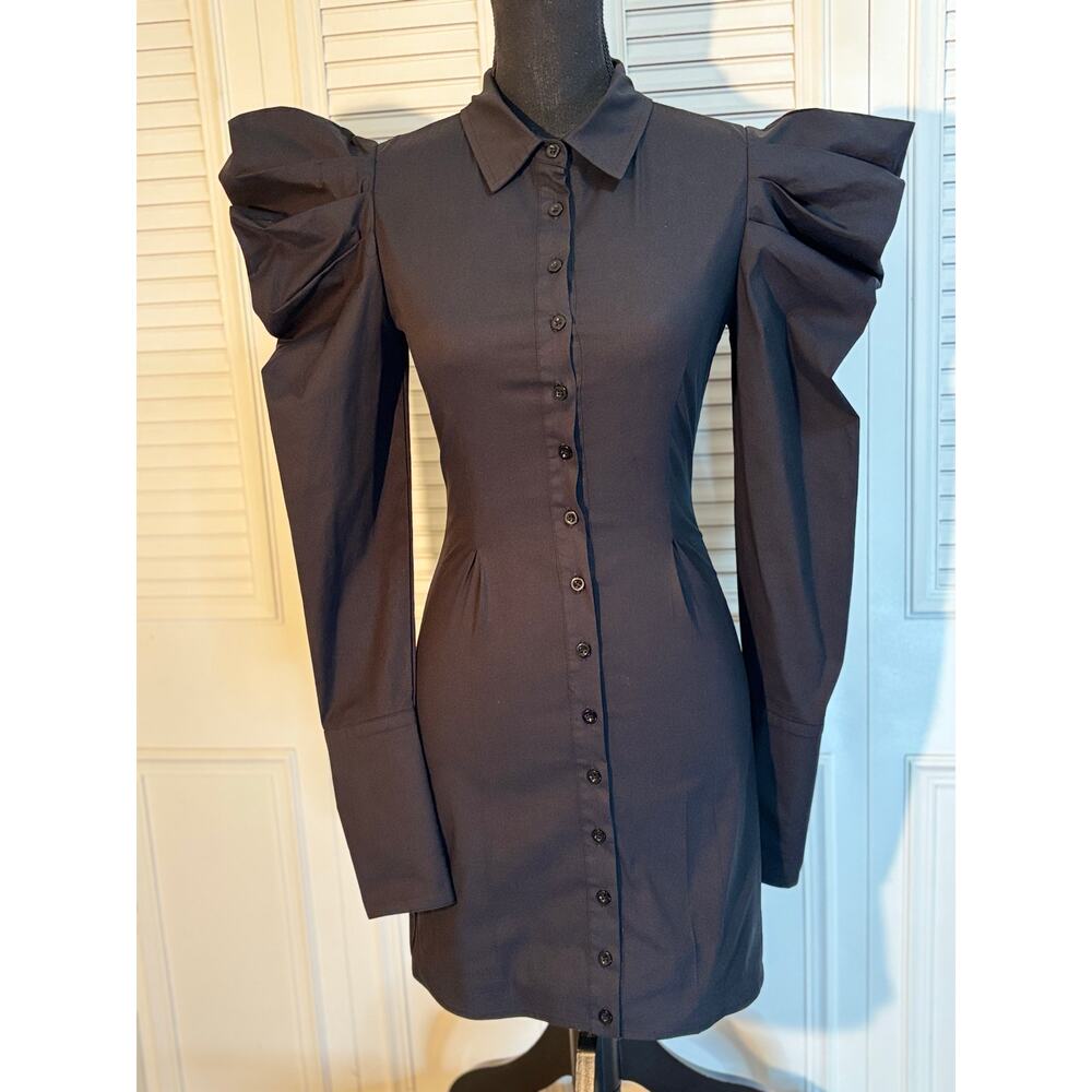 REHAB LAB Sz Sm Jet Black Fitted Origami Puff Sleeve Button-Down Mini Dress